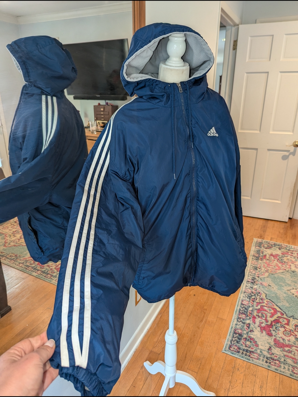 adidas Navy Hooded Bomber Jacket with White Sleeve Stripes